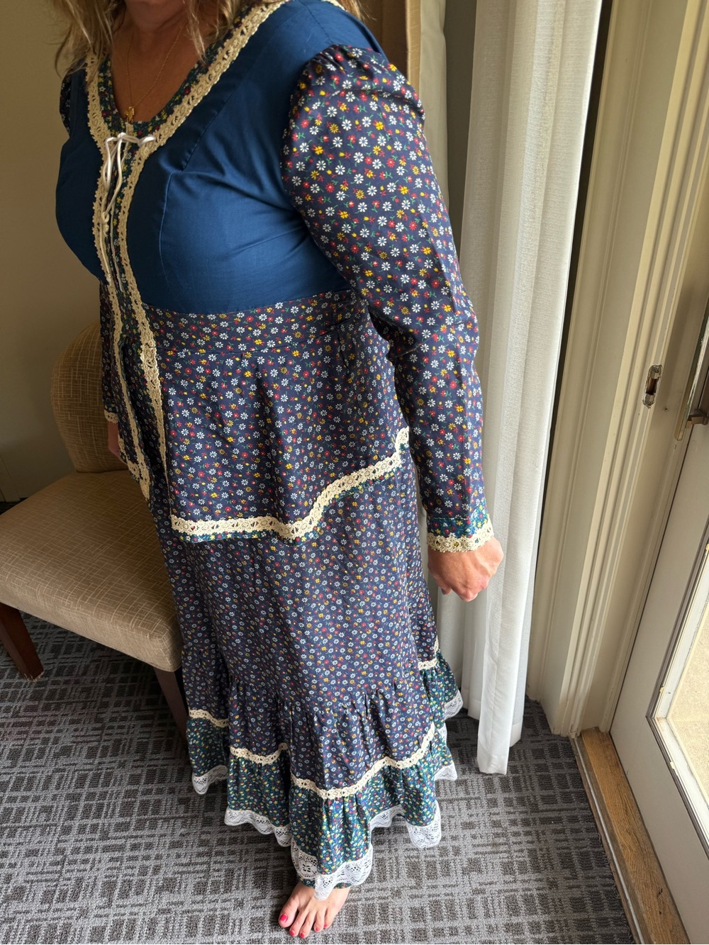 Vintage Handmade Prairie Maxi Dress Cottagecore Floral Lace Boho Folk Calico 70s - Picture 4 of 6